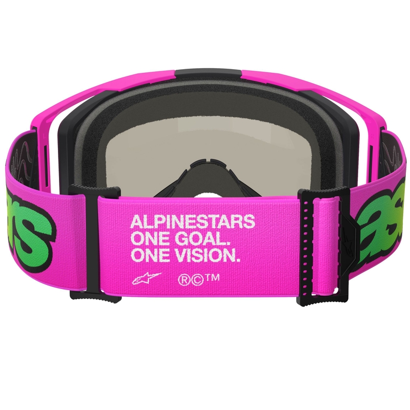 Gafas de motocross Alpinestars Vision 8 Vista en rosa fluo, amarillo fluo y verde con lente azul espejada