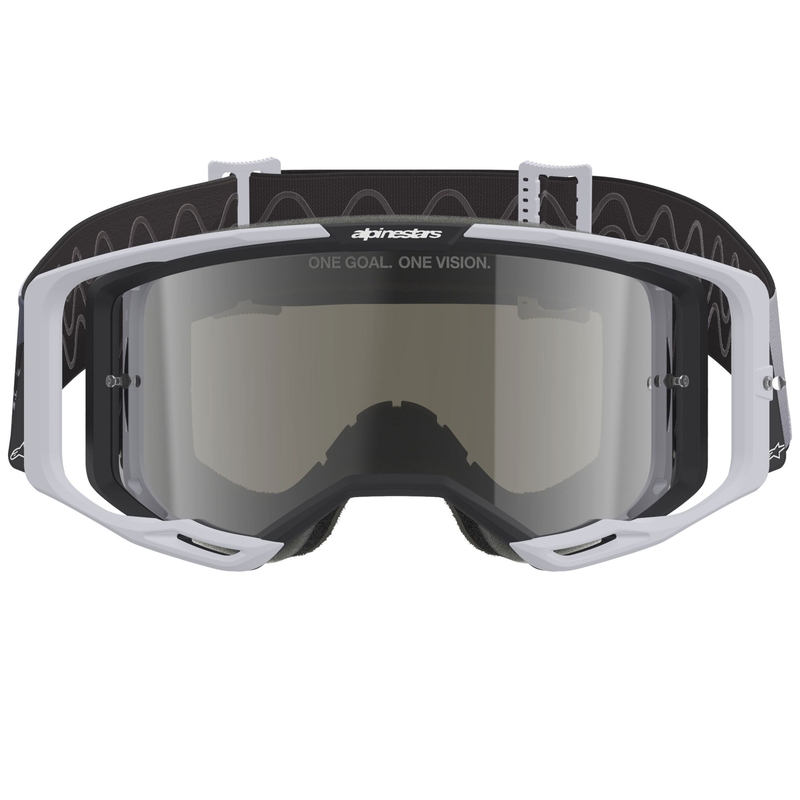 Gafas de motocross Alpinestars Supertech Vision 8 Lahnd en blanco y negro con lente plateada espejada