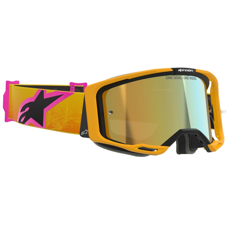 Gafas de motocross Alpinestars Vision 8 Corp en color naranja, amarillo y rosa con lente dorada espejada