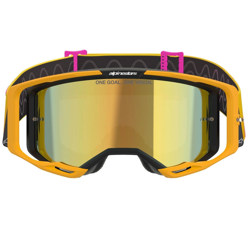 Gafas de motocross Alpinestars Vision 8 Corp en color naranja, amarillo y rosa con lente dorada espejada