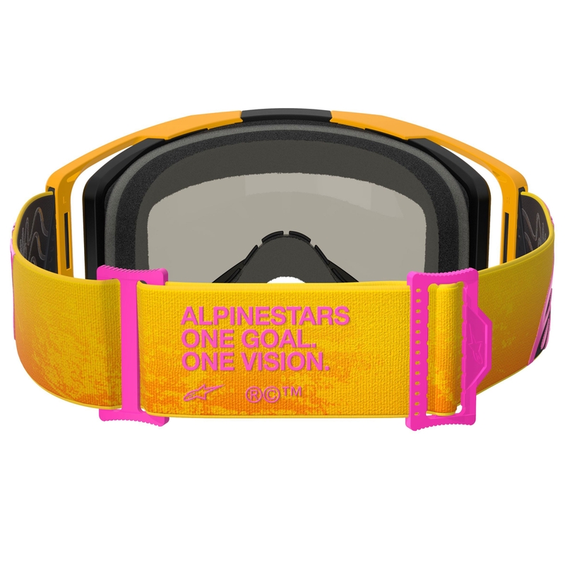 Gafas de motocross Alpinestars Vision 8 Corp en color naranja, amarillo y rosa con lente dorada espejada