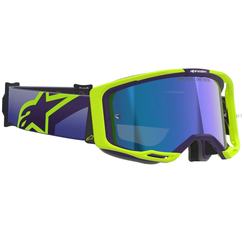 Gafas de motocross Alpinestars Vision 8 Corp en amarillo fluorescente y morado con lente azul espejada