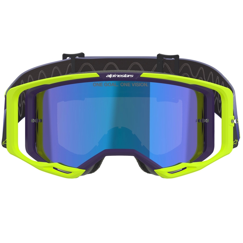 Gafas de motocross Alpinestars Vision 8 Corp en amarillo fluorescente y morado con lente azul espejada
