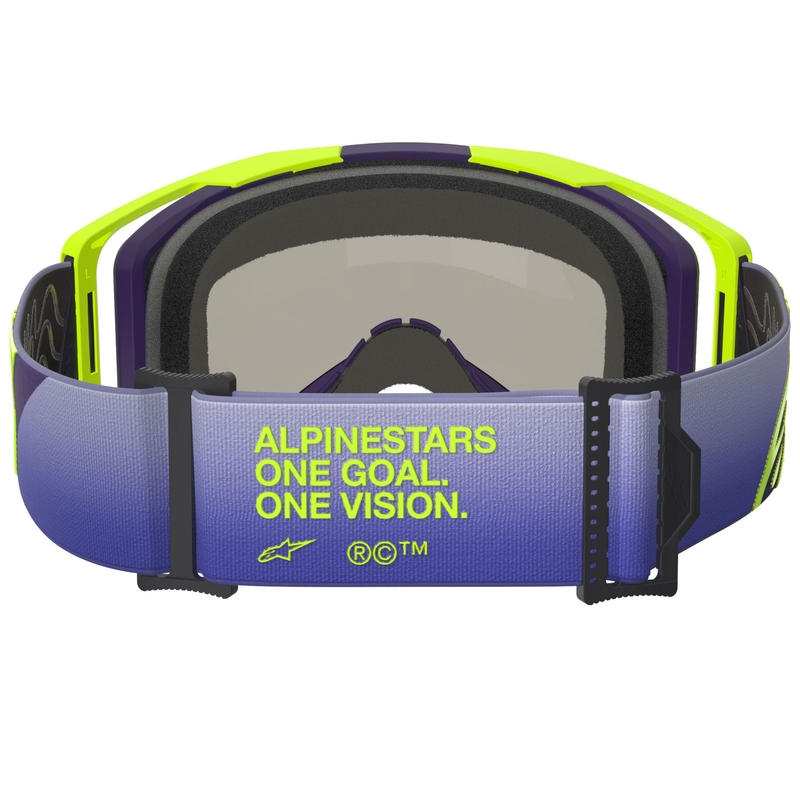 Gafas de motocross Alpinestars Vision 8 Corp en amarillo fluorescente y morado con lente azul espejada