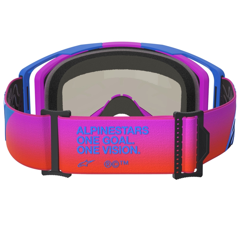 Gafas de motocross Alpinestars Vision 8 Corp en azul, morado y naranja con lente roja espejada