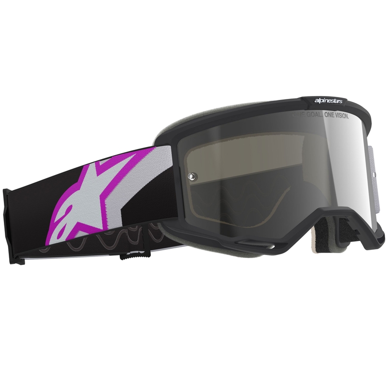 Gafas de motocross Alpinestars Vision 5 Corp en negro, gris, morado y blanco con lente plateada espejada.