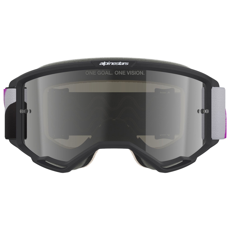Gafas de motocross Alpinestars Vision 5 Corp en negro, gris, morado y blanco con lente plateada espejada.