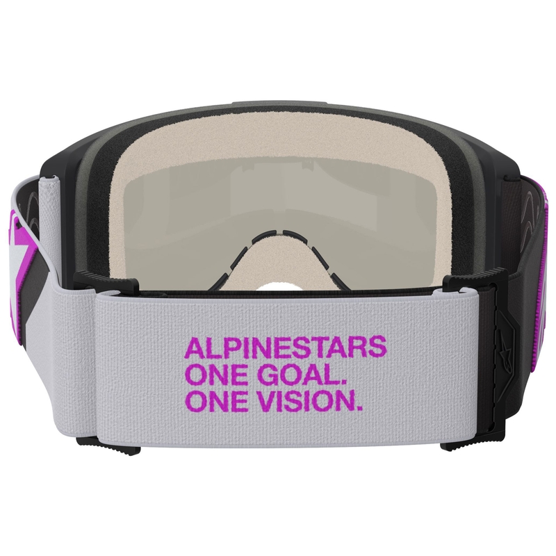 Gafas de motocross Alpinestars Vision 5 Corp en negro, gris, morado y blanco con lente plateada espejada.