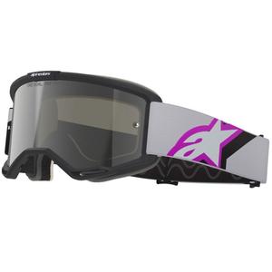 Gafas de motocross Alpinestars Vision 5 Corp en negro, gris, morado y blanco con lente plateada espejada.