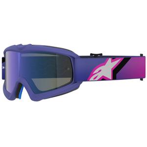 Gafas de motocross para niños Alpinestars Vision Youth Corp en color morado-rosa fluorescente con lente azul espejada.