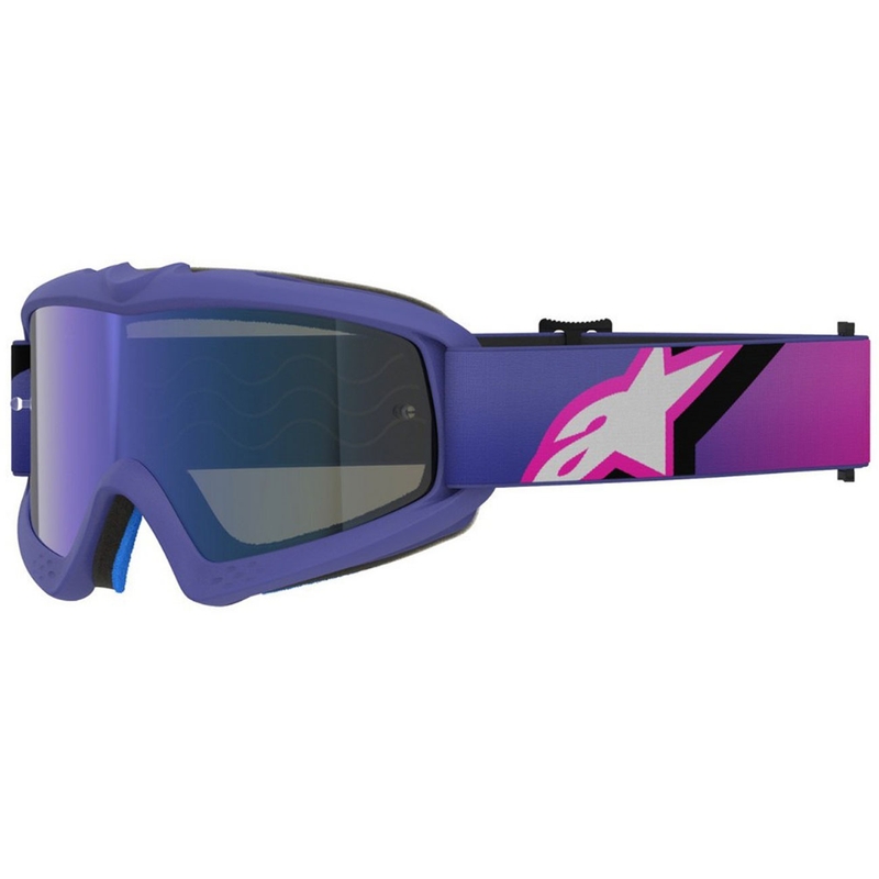 Gafas de motocross para niños Alpinestars Vision Youth Corp en color morado-rosa fluorescente con lente azul espejada.