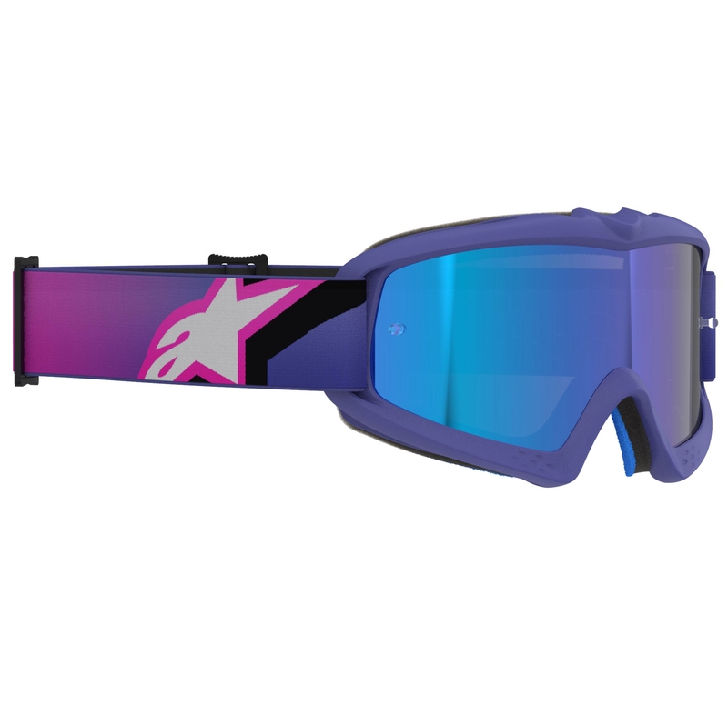 Gafas de motocross para niños Alpinestars Vision Youth Corp en color morado-rosa fluorescente con lente azul espejada.