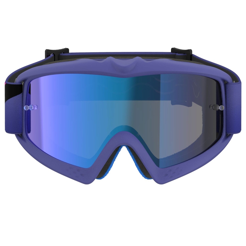Gafas de motocross para niños Alpinestars Vision Youth Corp en color morado-rosa fluorescente con lente azul espejada.
