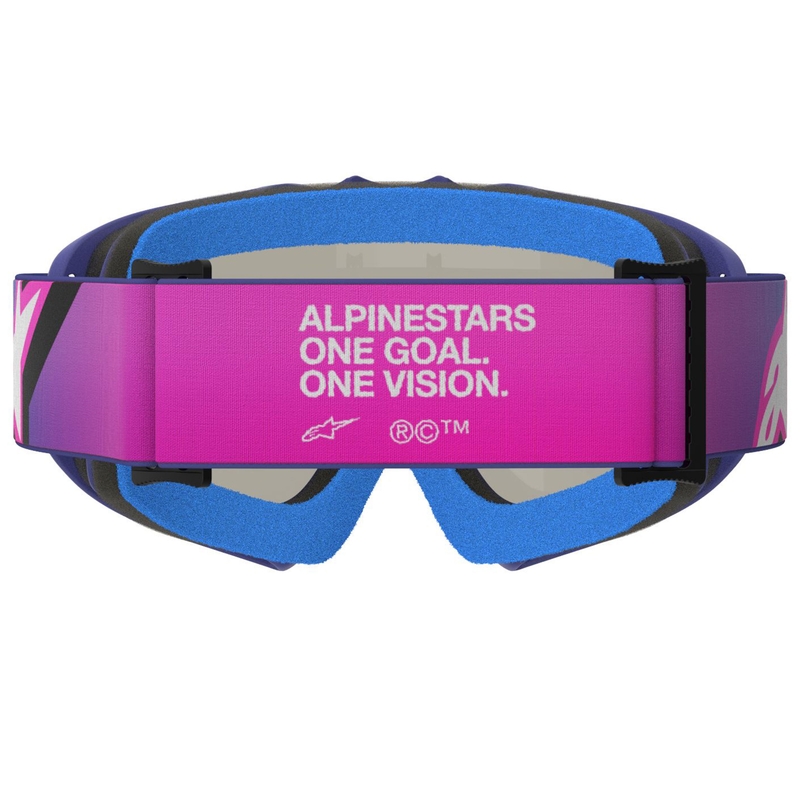 Gafas de motocross para niños Alpinestars Vision Youth Corp en color morado-rosa fluorescente con lente azul espejada.