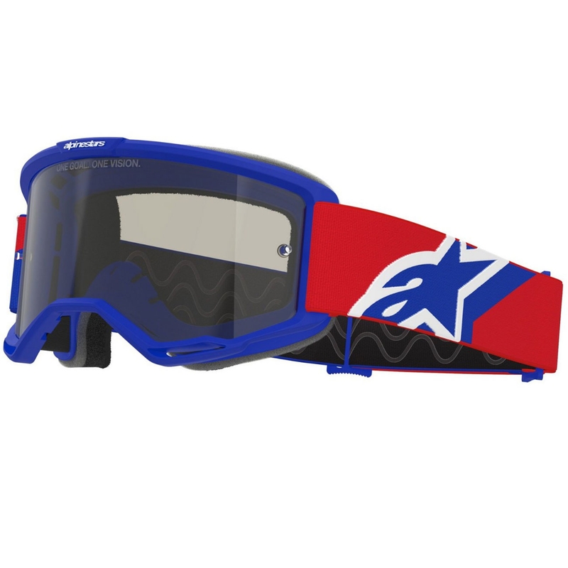 Gafas de motocross Alpinestars Vision Sand en azul, rojo y blanco con lente ahumada oscura.