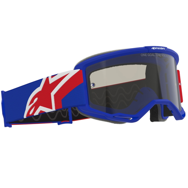Gafas de motocross Alpinestars Vision Sand en azul, rojo y blanco con lente ahumada oscura.