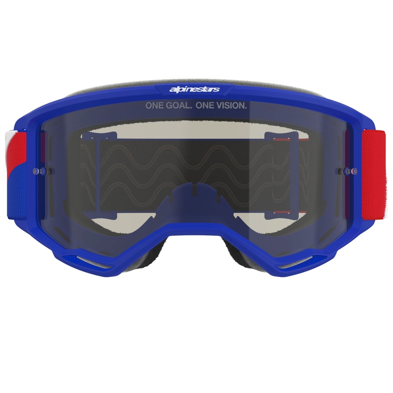 Gafas de motocross Alpinestars Vision Sand en azul, rojo y blanco con lente ahumada oscura.