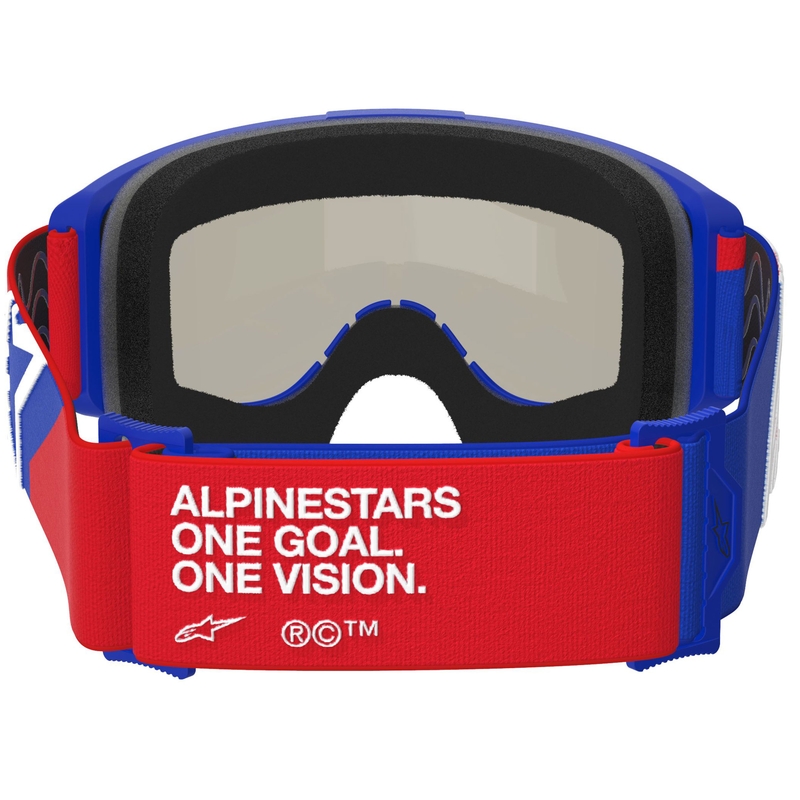 Gafas de motocross Alpinestars Vision Sand en azul, rojo y blanco con lente ahumada oscura.