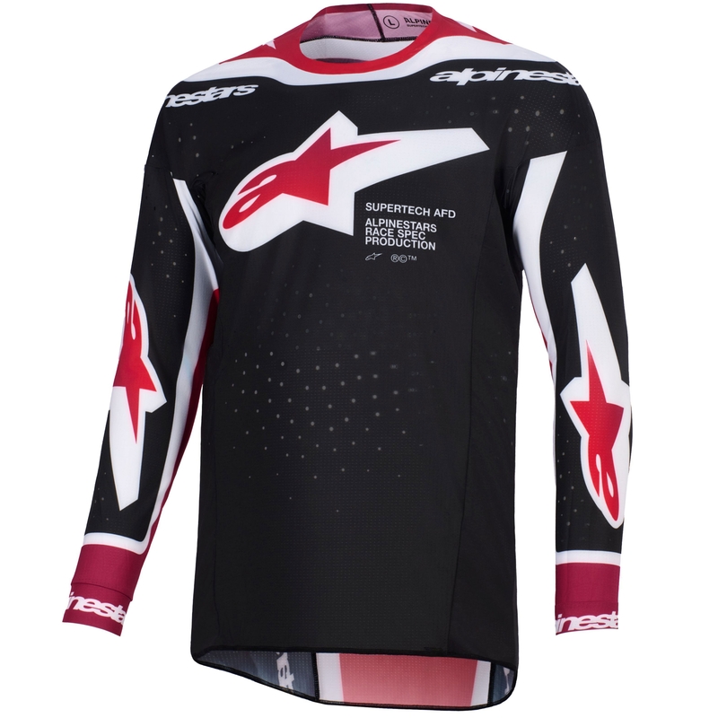 Camiseta de motocross Alpinestars Supertech Pro AFD Vista en negro, rojo y blanco