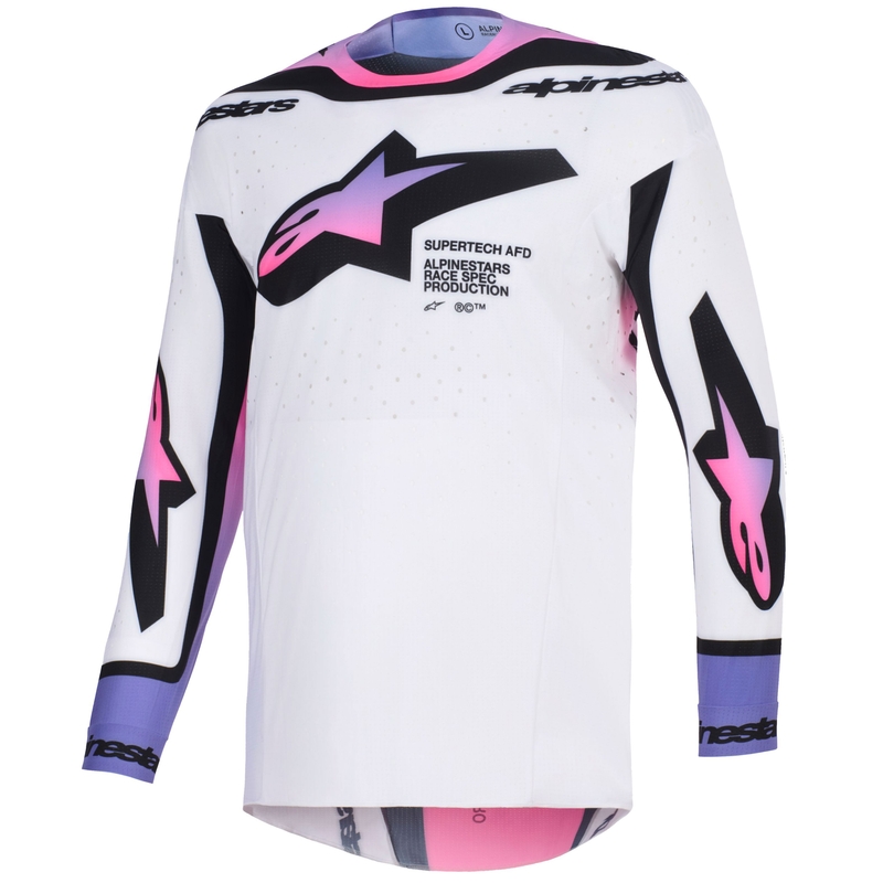 Camiseta de motocross Alpinestars Supertech Pro AFD Vista en blanco, morado y negro