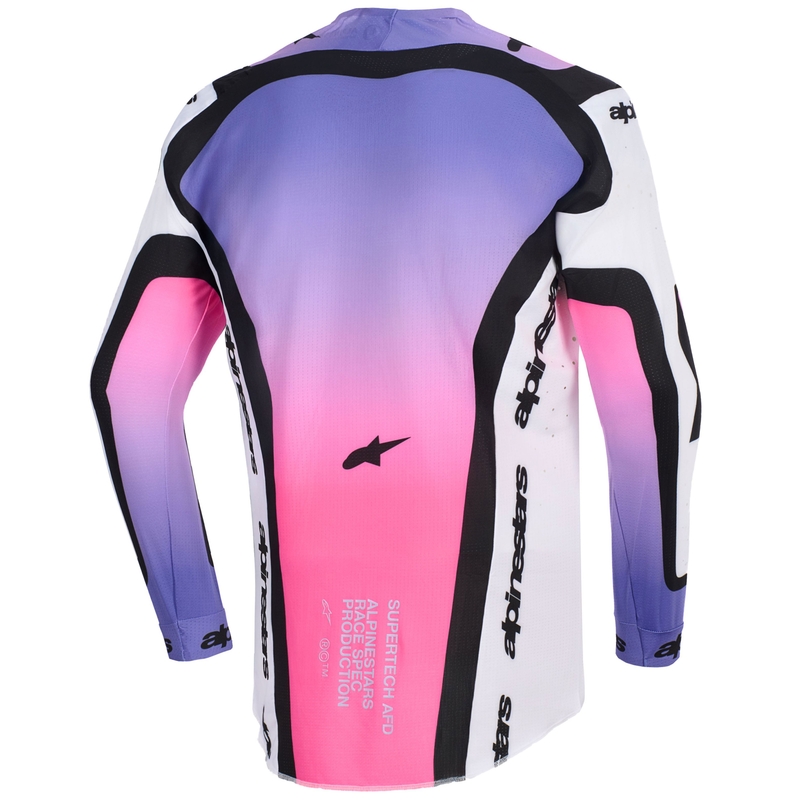 Camiseta de motocross Alpinestars Supertech Pro AFD Vista en blanco, morado y negro