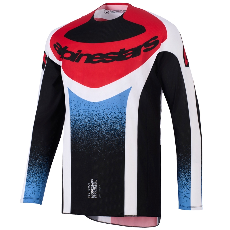 Camiseta de motocross Alpinestars Techstar Knif en negro, blanco, azul y rojo