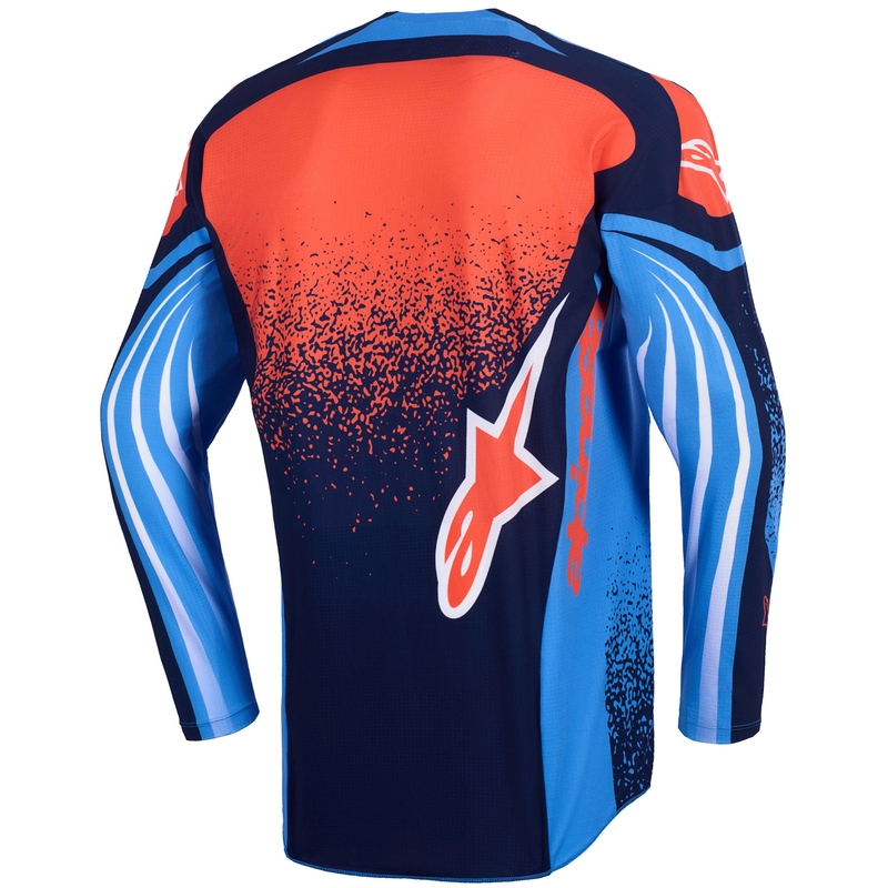 Camiseta de motocross Alpinestars Techstar Nomur en azul oscuro, naranja y azul.
