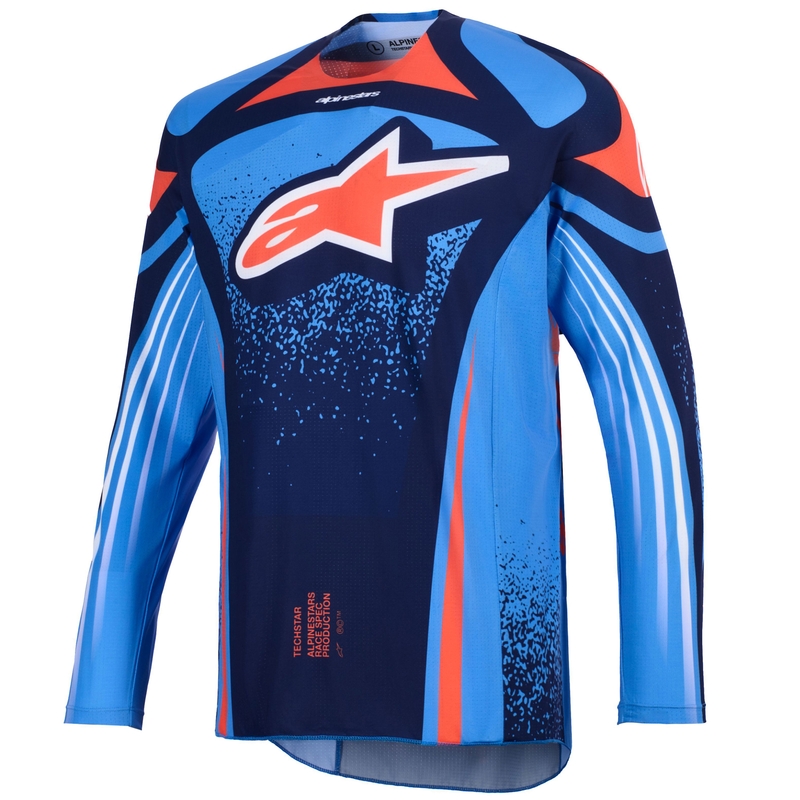 Camiseta de motocross Alpinestars Techstar Nomur en azul oscuro, naranja y azul.