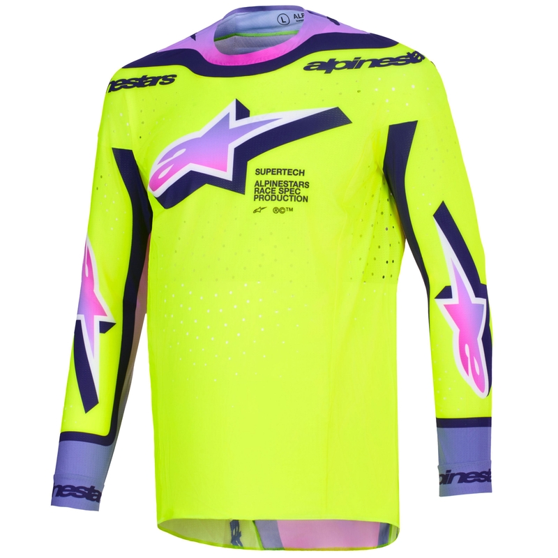 Camiseta de motocross Alpinestars Supertech Vista en amarillo fluorescente, morado y negro