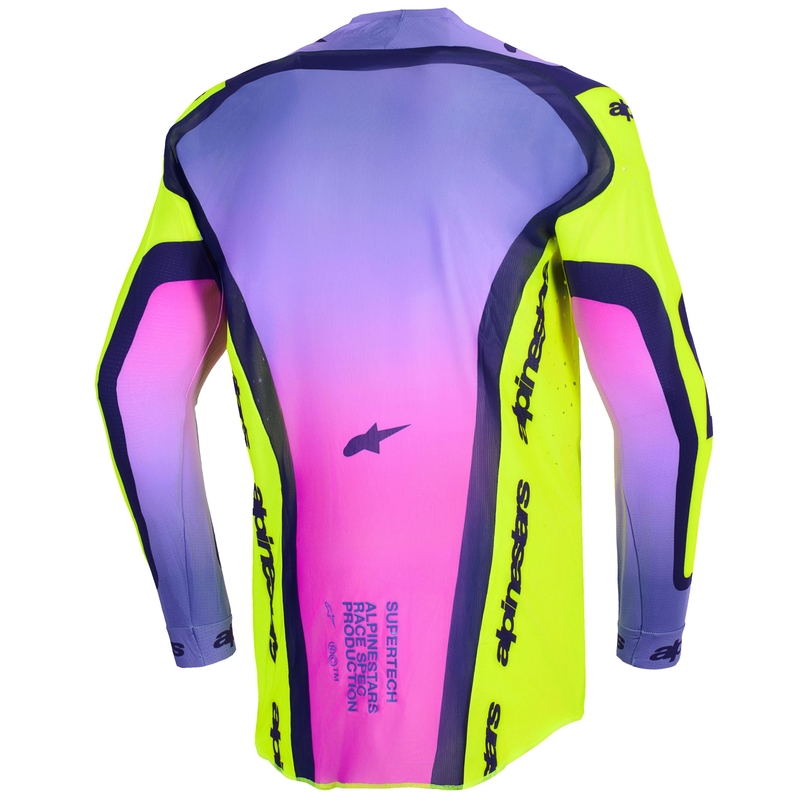 Camiseta de motocross Alpinestars Supertech Vista en amarillo fluorescente, morado y negro