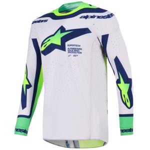 Camiseta de motocross Alpinestars Supertech Vista en gris claro, amarillo fluorescente, verde, azul y rosa.