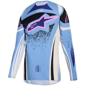 Camiseta de motocross Alpinestars Stella Techstar Nomur para mujer en azul claro y blanco, blanquecino, negro y rosa.