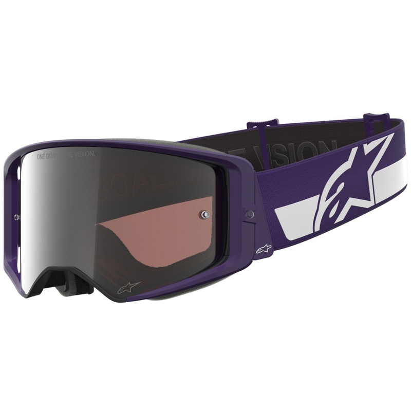 Gafas de motocross Alpinestars Supertech Vision Hunta96 XXV en color morado-blanco con plexiglás plateado espejo