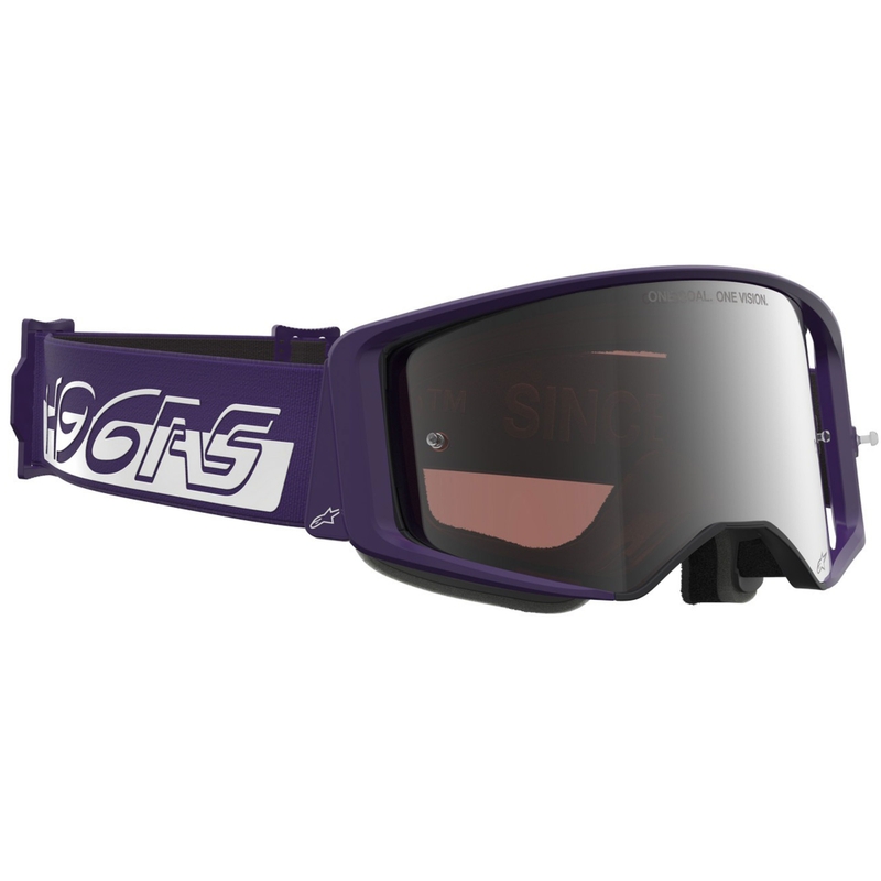 Gafas de motocross Alpinestars Supertech Vision Hunta96 XXV en color morado-blanco con plexiglás plateado espejo