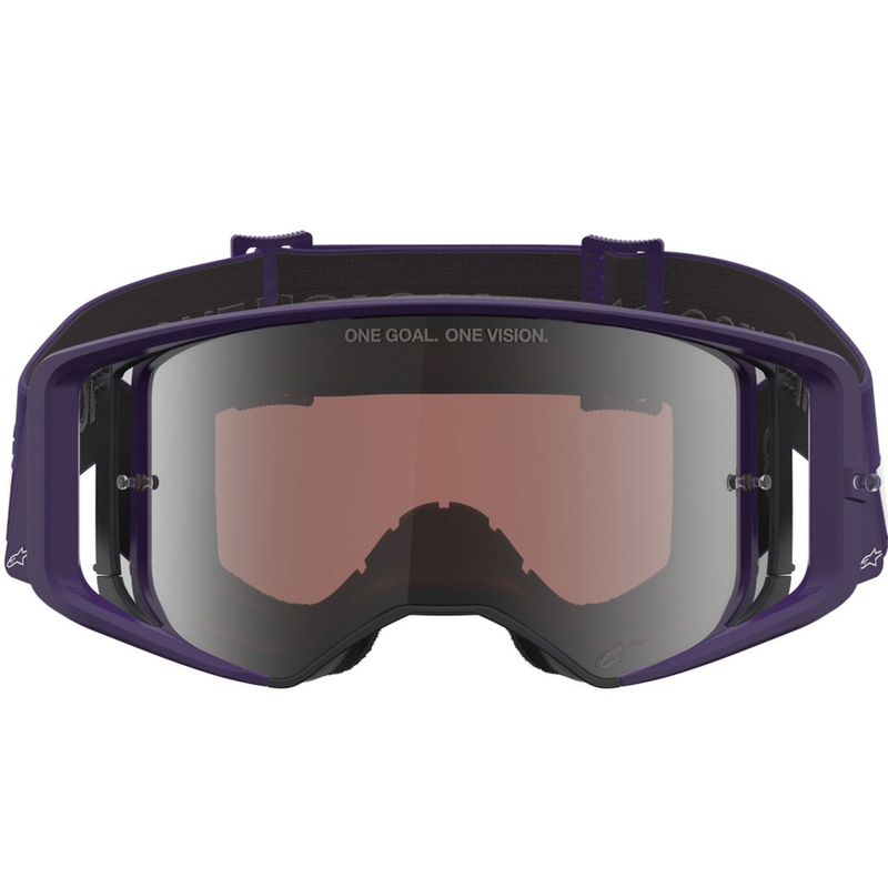 Gafas de motocross Alpinestars Supertech Vision Hunta96 XXV en color morado-blanco con plexiglás plateado espejo