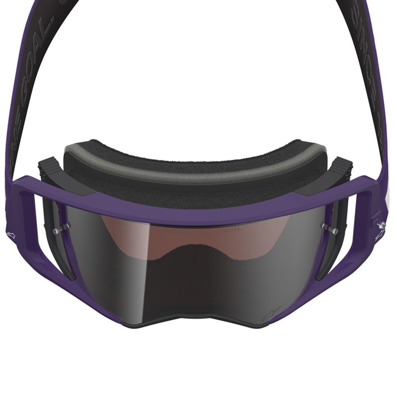 Gafas de motocross Alpinestars Supertech Vision Hunta96 XXV en color morado-blanco con plexiglás plateado espejo