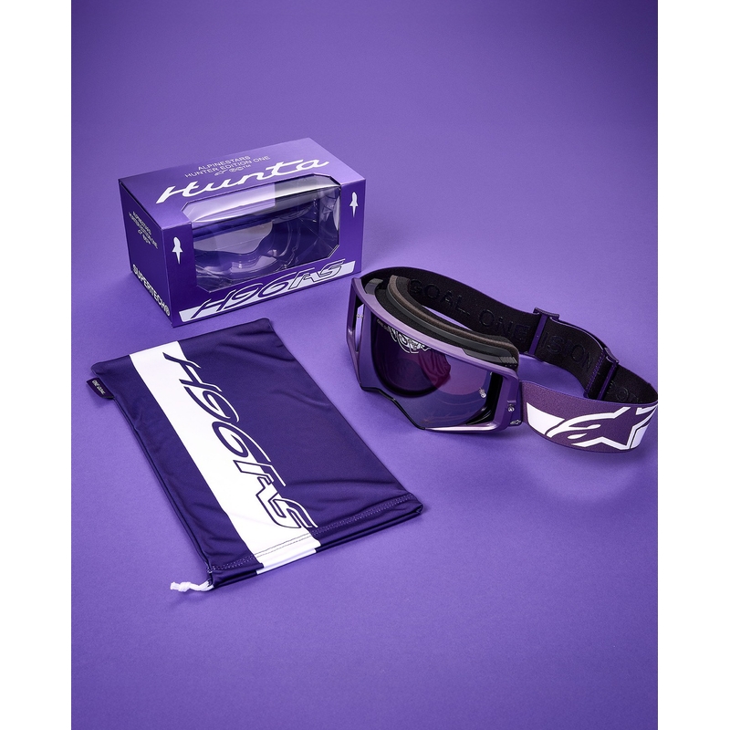 Gafas de motocross Alpinestars Supertech Vision Hunta96 XXV en color morado-blanco con plexiglás plateado espejo