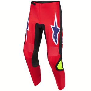 Pantalones de motocross Alpinestars Fluid Grid en rojo, negro, morado y amarillo fluorescente.