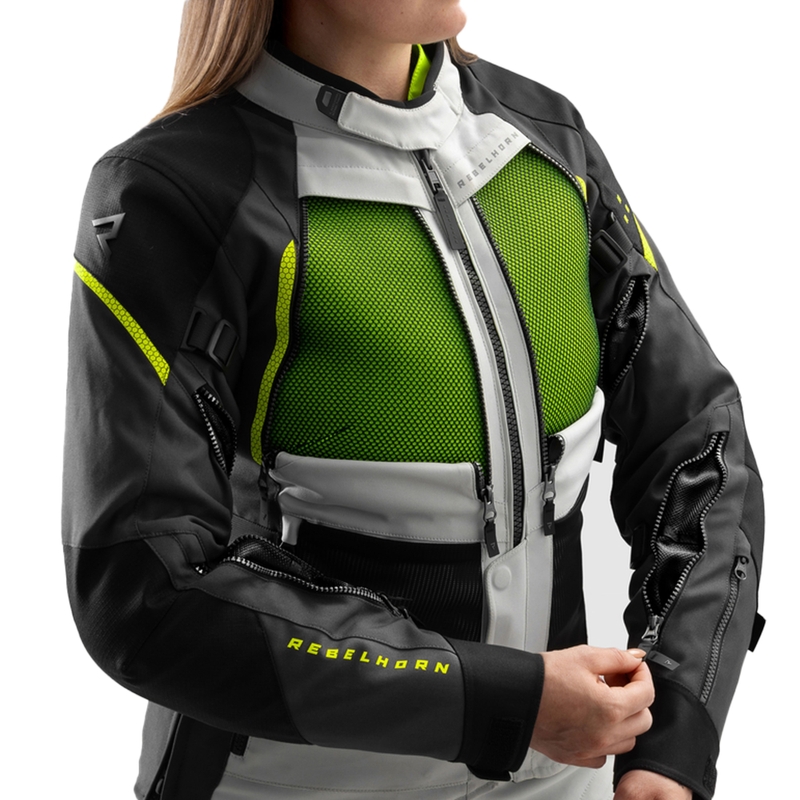 Chaqueta de moto para mujer Rebelhorn Hardy 3.0 negro-gris-amarillo fluorescente