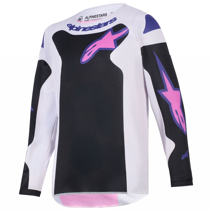 Camiseta de motocross infantil Alpinestars Fluid Grid en negro, gris claro y morado