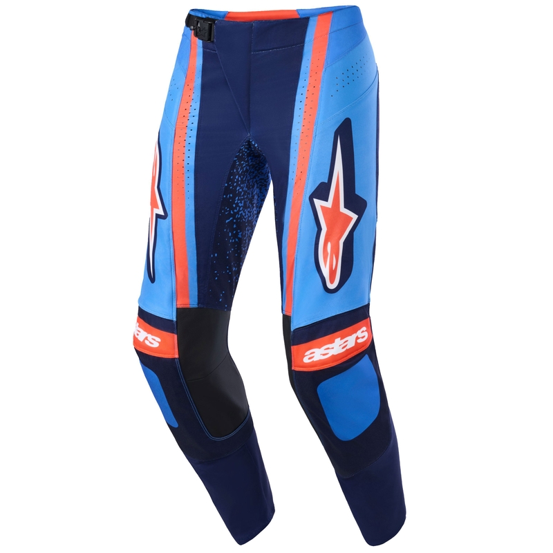 Pantalones de motocross Alpinestars Techstar Nomur en azul oscuro, naranja y azul.