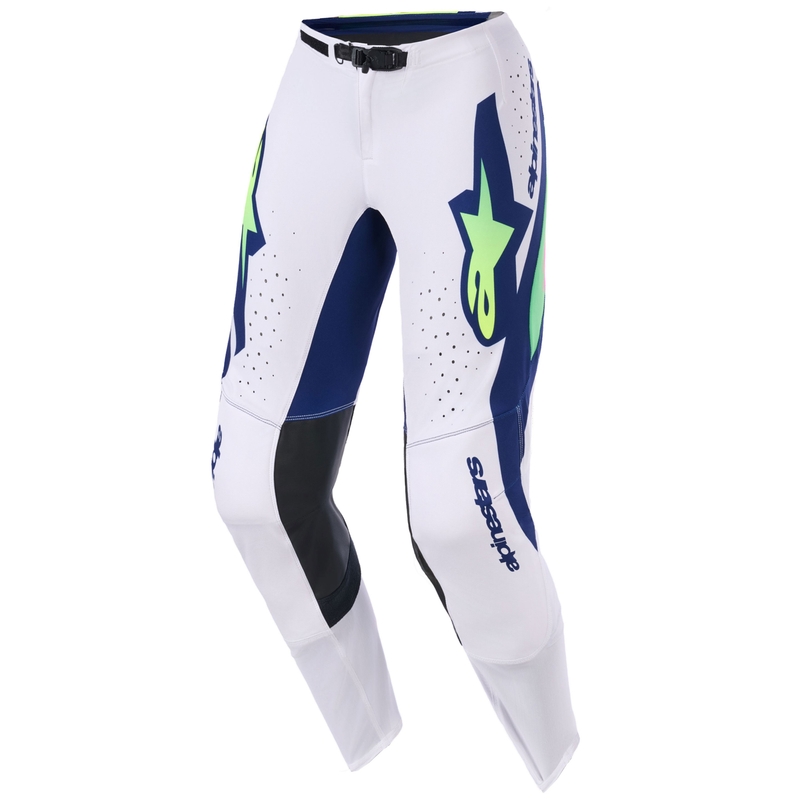 Pantalones de motocross Alpinestars Supertech Vista en gris claro, amarillo fluorescente, verde, azul y rosa.