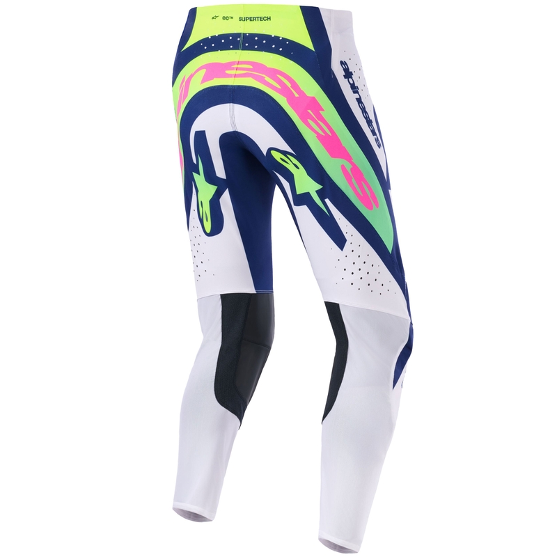 Pantalones de motocross Alpinestars Supertech Vista en gris claro, amarillo fluorescente, verde, azul y rosa.