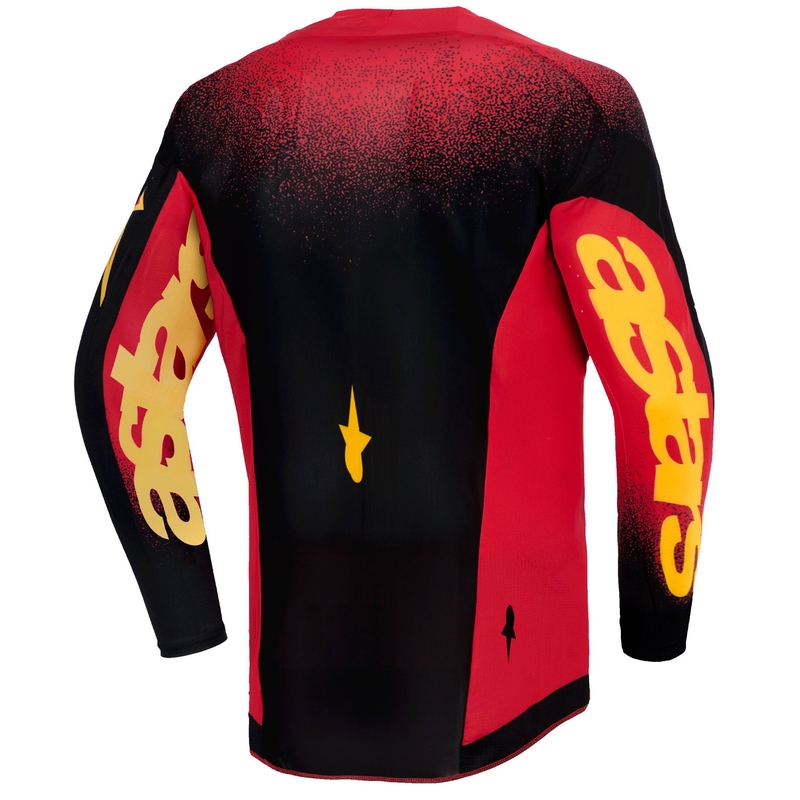 Camiseta de motocross infantil Alpinestars Supertech Scenz en rojo, negro y amarillo