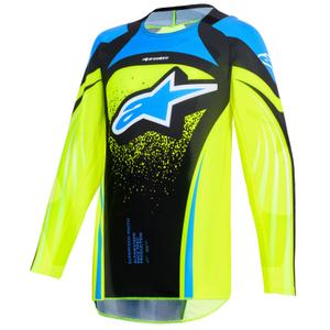 Camiseta de motocross Alpinestars Techstar Nomur para niños en azul oscuro, amarillo fluorescente y azul.