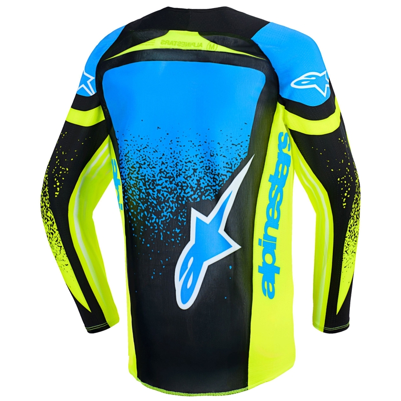 Camiseta de motocross Alpinestars Techstar Nomur para niños en azul oscuro, amarillo fluorescente y azul.