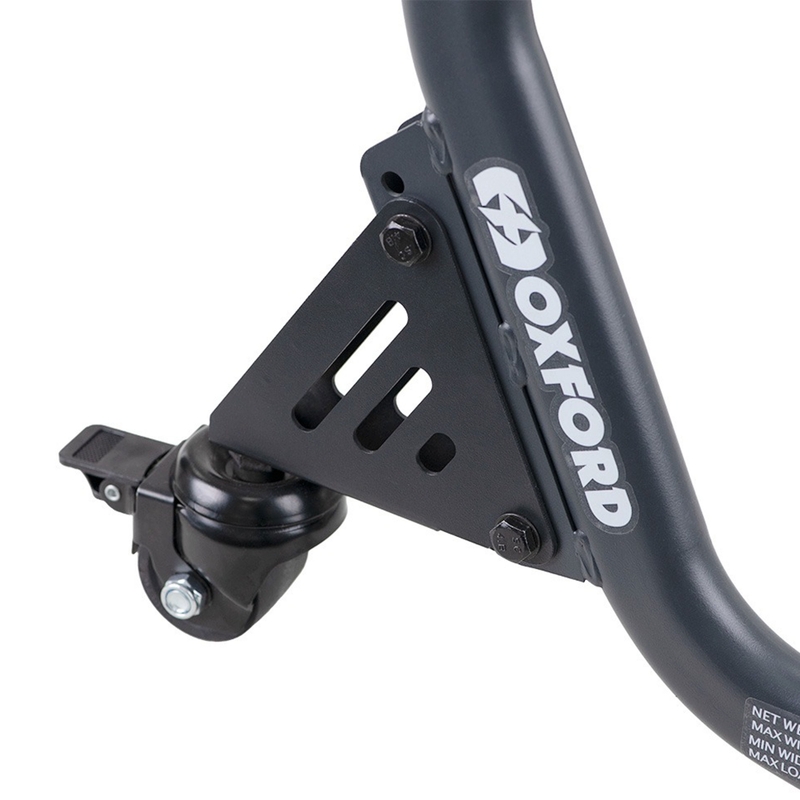 Caballete trasero basculante para motocicleta Oxford Zero-G con rueda adicional, negro