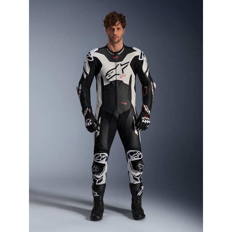 Mono de cuero de una pieza Alpinestars GP Plus V4 Sprint, compatible con Tech-air, negro, blanco y rojo fluorescente