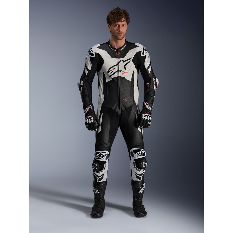 Mono de cuero de una pieza Alpinestars GP Plus V4 Sprint, compatible con Tech-air, negro, blanco y rojo fluorescente