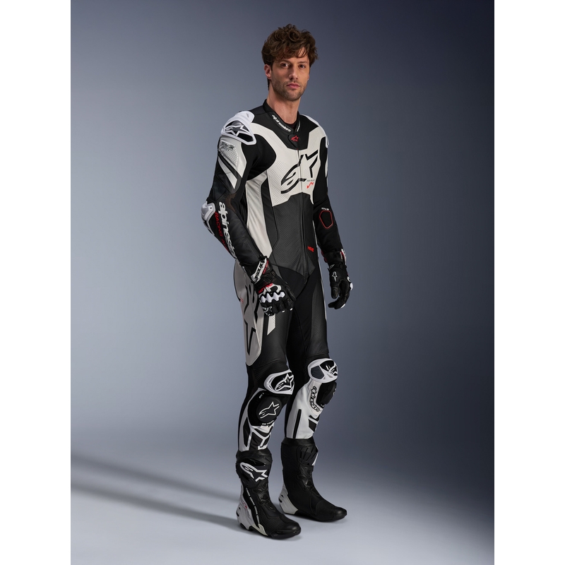 Mono de cuero de una pieza Alpinestars GP Plus V4 Sprint, compatible con Tech-air, negro, blanco y rojo fluorescente